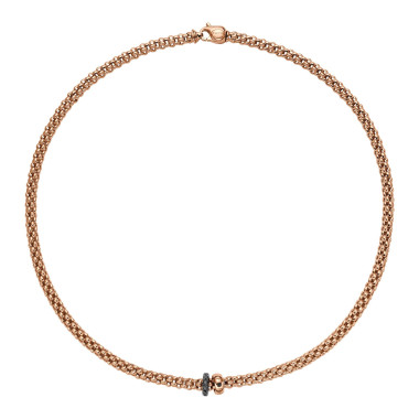 Roségold, Halsschmuck, FOPE Solo Kette mit zwei Rondellen und schwarzem Pavébesatz